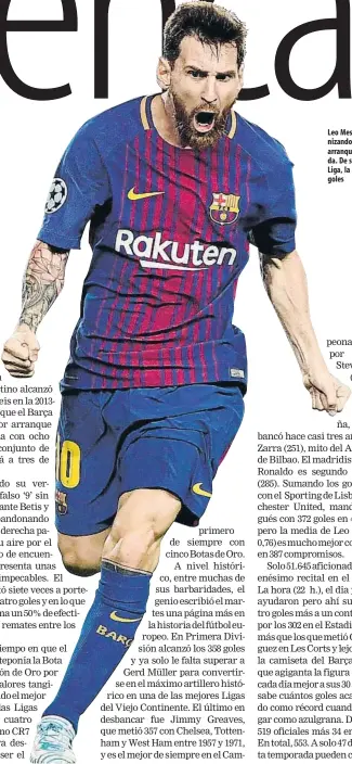  ?? FOTO: GETTY IMAGES ?? Leo Messi está protagoniz­ando un bestial arranque de temporada. De seguir así en la Liga, la acabaría con 68 goles
