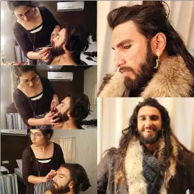  ??  ?? Singh working on Ranveer Singh’s make up for