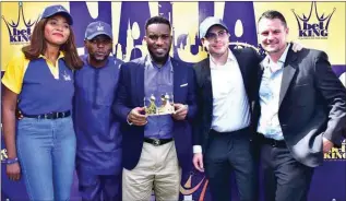  ??  ?? L-R, Head of Marketing / Customer Support, Ruby Chuku,; Co-founder, Betking, Adekunle Adeniji; Brand Ambassador, BetKing, Austin Jay-Jay Okocha; CEO, Betking, Byron Petzer; and Chief Opportunit­y Officer, Neil Bothma, at the launch of Betking - a sports...