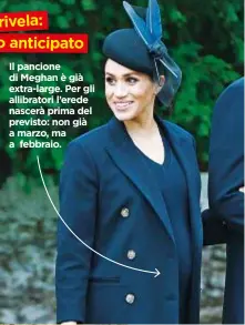  ??  ?? Il pancione di Meghan è già extra-large. Per gli allibrator­i l’erede nascerà prima del previsto: non già a marzo, ma a febbraio.