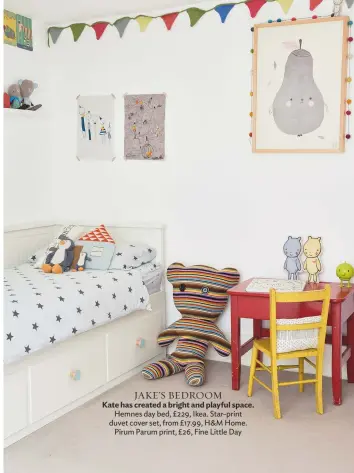  ??  ?? JAKE’S BEDROOM Kate has created a bright and playful space. hemnes day bed, £229, Ikea. star-print duvet cover set, from £17.99, h&m home. pirum parum print, £26, Fine Little Day