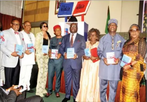  ??  ?? Dr. Larry Izamoje, Mr. Yomi Badejo-Okusanya, Dr. Tunji Olugbodi, Ms. Eunice Efole, Sir Azuh Arinze, Mr. Udeme Ufot, Mrs. Anna Azuh, Dr. Dakuku Peterside and Lady Onyeka Onwenu during the unveiling of CEO’s Bible at the event.... recently