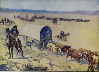  ?? PICTURE: WIKIPEDIA ?? Voortrekke­rs advancing into the hinterland, portrayed in a painting by J R Skelton for a book published in 1909.