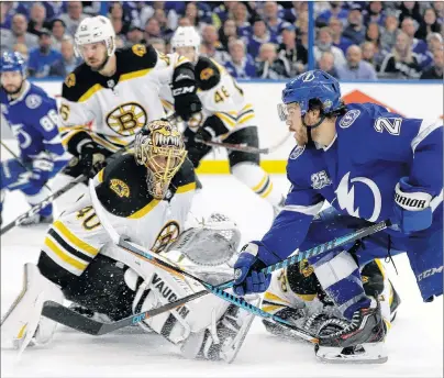  ?? AP PHOTO ?? Tampa Bay Lightning centre Brayden Point, right, watches his goal get past Boston Bruins goaltender Tuukka Rask during the second period of Game 5 Sunday in Tampa, Fla.