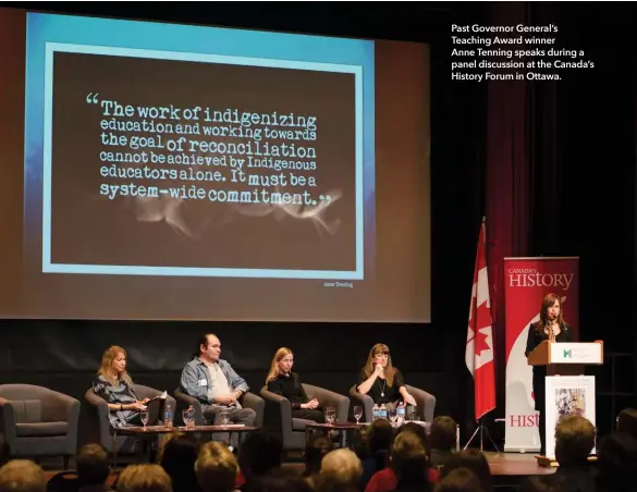  ??  ?? Past Governor General’s Teaching Award winner Anne Tenning speaks during a panel discussion at the Canada’s History Forum in Ottawa.