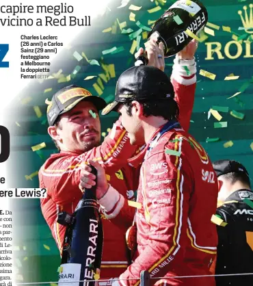  ?? GETTY ?? Charles Leclerc (26 anni) e Carlos Sainz (29 anni) festeggian­o a Melbourne la doppietta Ferrari