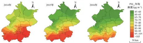  ??  ?? 图 5北京地区 2014—2016 年的年均 PM2.5空间分布Fig. 5 Average annual spatial distributi­on of PM2.5 during 2014–2016 in Beijing