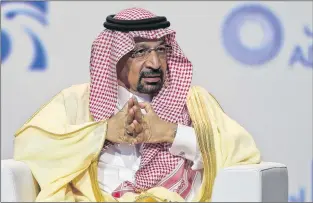  ?? AP PHOTO ?? Khalid Al-falih, Saudi Energy and Oil Minister, speaks at the Abu Dhabi Internatio­nal Exhibition &amp; Conference, in Abu Dhabi, United Arab Emirates last year.