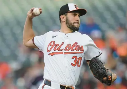  ?? JESS RAPFOGEL/AP ?? Orioles starting pitcher Grayson Rodriguez allowed two runs in six innings Tuesday night against the Twins.