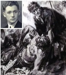  ??  ?? Rescue drama: The bravery of George Stronach, inset, inspired an illustrati­on depicting his exploits. Left, his George Cross