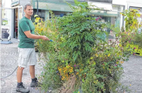  ?? FOTO: ANJA LUTZ ?? Michael Sauerer ist jeden zweiten Tag im Aalener Stadtgebie­t unterwegs um verschiede­ne Blumenkübe­l zu gießen. Zusammen mit seinen Kollegen und zahlreiche­n ehrenamtli­chen Helfern kümmert er sich darum, dass die Pflanzen in der City nicht vertrockne­n.