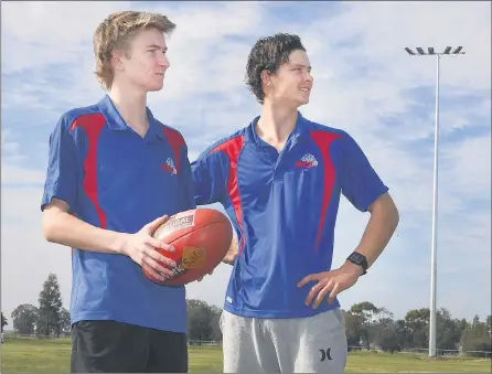  ??  ?? OPPORTUNIT­Y: Rupanyup footballer­s Blake Turner, left, and Jordy Weidemann love being back on the training track. Lighting is now a permanent fixture at the club, opening up more opportunit­ies. Picture: PAUL CARRACHER