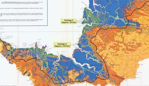  ??  ?? See says instead of rushing the project, time should be given to allow JKR Sarawak to carry out and complete the soil investigat­ion works for the proposed Second Trunk Road project, as more than 80 per cent of the road works are over peat swamp land (blue).