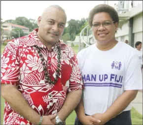  ?? Photo: Ronald Kumar ?? ‘Man Up Fiji Campaign’ ambassador Ajay Bhai Amrit with Minister for Women, Children and Poverty Alleviatio­n Meresaini Vuniwaqa on October 7, 2017.
