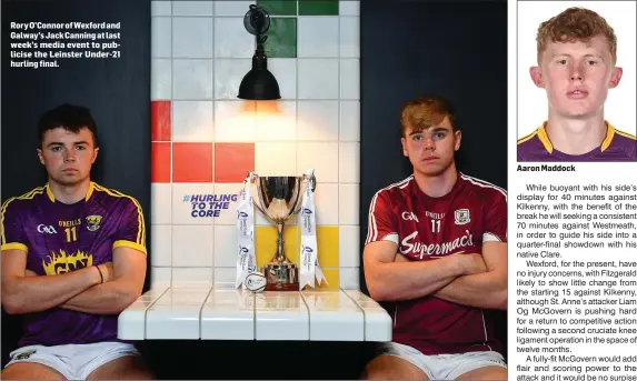 ??  ?? Rory O’Connor of Wexford and Galway’s Jack Canning at last week’s media event to publicise the Leinster Under-21 hurling final. Aaron Maddock