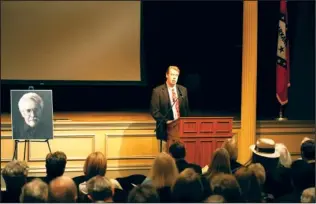  ??  ?? Author, filmmaker, teacher and friend Brian Walter remembers novelist Donald Harington at his memorial in November 2009. Walter has just released a biopic about Harington titled “Stay More: The World of Donald Harington.”