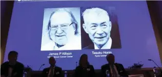  ?? News Agency/Fredrik Sandberg via Reuters - TT ?? HONOUR: The Nobel Prize laureates for Medicine or Physiology 2018 are James P. Allison, US and Tasuku Honjo, Japan presented at the Karolinska Institute in Stockholm, Sweden October 1, 2018.