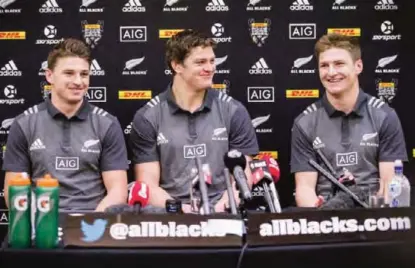  ??  ?? AUCKLAND: Barrett brothers, from left, Beauden, Scott and Jordie are the first trio of brothers to be selected for an All Blacks squad, speak at a press conference in Auckland, New Zealand, yesterday. The All Blacks will play Samoa on Friday, June 16,...