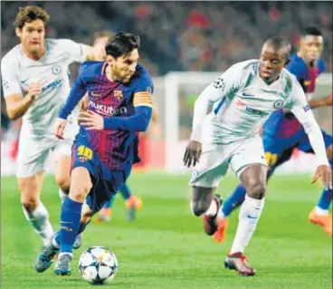  ?? AFP ?? ▪ Messi scored twice as Barcelona won 30 on Wednesday to see off Chelsea to ease into the last eight stage of the Champions League.