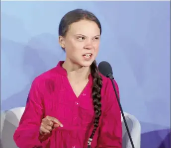  ??  ?? Greta Thunberg making an impassione­d address in New York recently at the United Nations General Assembly. (https://economicti­mes.indiatimes.com)