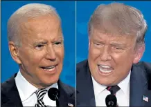  ?? Jim Watson / Getty Images ?? In this combinatio­n of pictures Democratic Presidenti­al candidate and former U.S. Vice President Joe Biden, left, and U.S. President Donald Trump speak during the first presidenti­al debate at the Case Western Reserve University and Cleveland Clinic in Cleveland, Ohio. President Donald Trump will feature in a televised town hall Thursday on NBC News, the network said, setting up a direct scheduling clash with rival Joe Biden who had already planned his own version. The two were originally meant to have been meeting for their second debate on Thursday evening. Instead, they will be simultaneo­usly, but separately, talking to voters in TV studios.