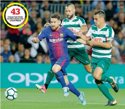  ?? AFP ?? Career hat tricks for Barcelona star Lionel Messi Lionel Messi runs with the ball besides Eibar’s players during the La Liga match at the Camp Nou. —