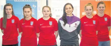  ??  ?? Pictured: Loughborou­gh College students and women’s football academy team players who shone internatio­nally for England Colleges (from left) Natasha Hudson, Ria Acton, Lucy Coppin, Serena Clarke and Tiana Hicks with (centre) Jenny Sugarman.