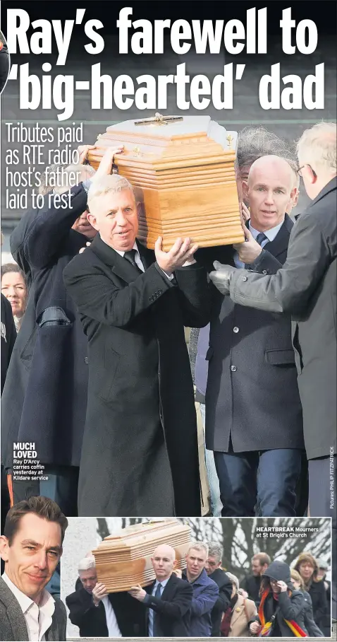  ??  ?? MUCH LOVED Ray D’arcy carries coffin yesterday at Kildare service HEARTBREAK