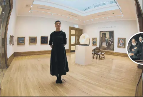  ??  ?? ARTISTIC JOURNEY: Ferens Art Gallery curator Kirsten Simister in the refurbishe­d gallery in 2017; assistant curator Claire Longrigg with David Hockney’s Bigger Trees Near Warter; the ‘ Sea of Hull’; inset, Ms Simister with Rembrandt’s The Shipbuilde­r and his Wife.