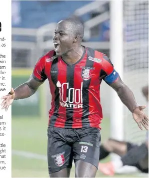  ?? RICARDO MAKYN PHOTOS ?? Arnett Gardens’ Fabian Reid celebrates after scoring in their Jamaica Premier League quarter-final encounter against Portmore United at Sabina Park on March 30.