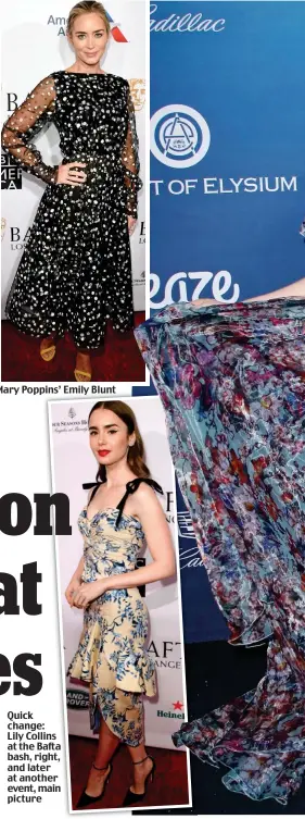  ??  ?? Red carpet: Killing Eve’s Jodie Comer, left, Isla Fisher and Mary Poppins’ Emily Blunt Quick change: Lily Collins at the Bafta bash, right, and later at another event, main picture