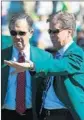  ?? Scott Halleran Getty Images for Golfweek ?? NEW Augusta chairman Fred Ridley, right, with his predecesso­r, Billy Payne, in 2016.