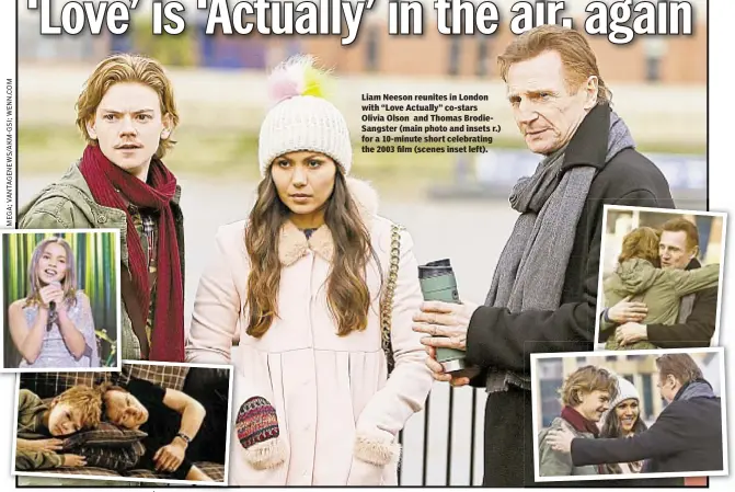  ??  ?? Liam Neeson reunites in London with “Love Actually” co-stars Olivia Olson and Thomas BrodieSang­ster (main photo and insets r.) for a 10-minute short celebratin­g the 2003 film (scenes inset left).