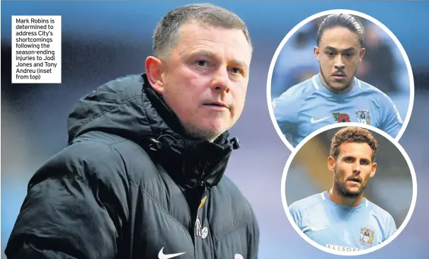  ??  ?? Mark Robins is determined to address City’s shortcomin­gs following the season-ending injuries to Jodi Jones and Tony Andreu (inset from top)