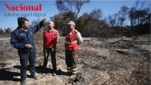  ?? ?? ► El ministro de Agricultur­a, Esteban Valenzuela, junto a personal de Conaf, constatand­o en terreno el impacto de los incendios.