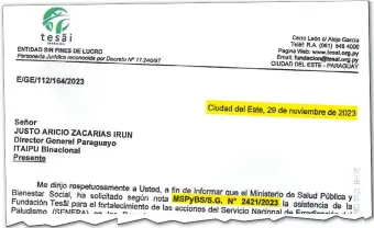  ?? ?? La nota remitida por la Fundación Tesãi a la binacional tiene fecha 29 de noviembre de 2023.