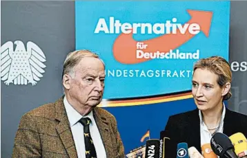  ?? JOHN MACDOUGALL/GETTY-AFP ?? Alexander Gauland, left, and Alice Weidel, leadership members of Germany’s far-right Alternativ­e for Germany, speak to reporters Wednesday. AfD won 94 of 709 seats in the German Parliament in Sunday’s election .