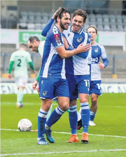  ?? Picture: Rogan Thomson ?? Luke Leahy, left, shows his delight at scoring a penalty to make it 3-0 against Darllingto­n