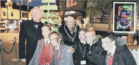  ??  ?? Coun Lynda Scanlan, Deputy Mayor of Sunderland, with children from Grindon Hall Christian School, and, inset, the winning design.