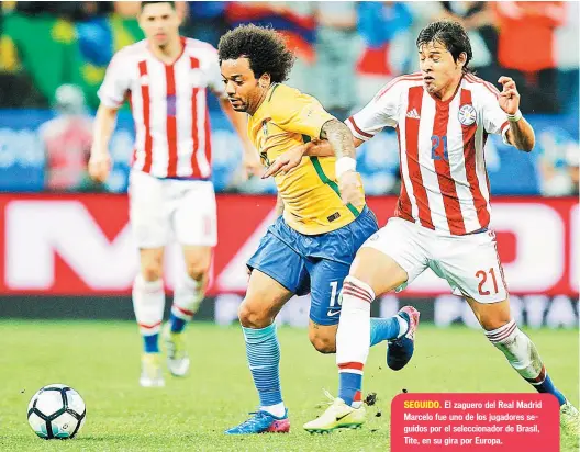  ??  ?? El zaguero del Real Madrid Marcelo fue uno de los jugadores seguidos por el selecciona­dor de Brasil, Tite, en su gira por Europa.