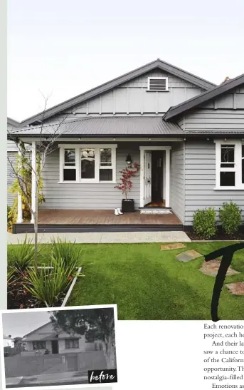  ??  ?? EXTERIOR (above) The home is given a modern face-flift courtesy of Dulux Colorbond paint in Windspray, with trims and eaves in Monument. KITCHEN (above right & opposite) Tait Flooring engineered oak timber boards are used beneath a Smartstone ‘Carrara’...