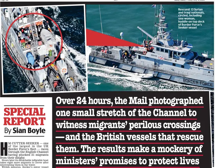  ??  ?? Rescued: 13 Syrian and Iraqi nationals, circled, including one woman, huddle on top deck of Border Force’s Seeker vessel