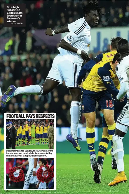  ?? GETTY IMAGES ?? On a high: Substitute Gomis soars to power in Swansea’s winner