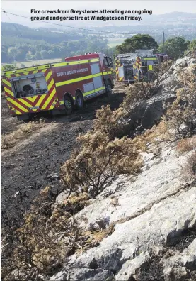  ??  ?? Fire crews from Greystones attending an ongoing ground and gorse fire at Windgates on Friday.