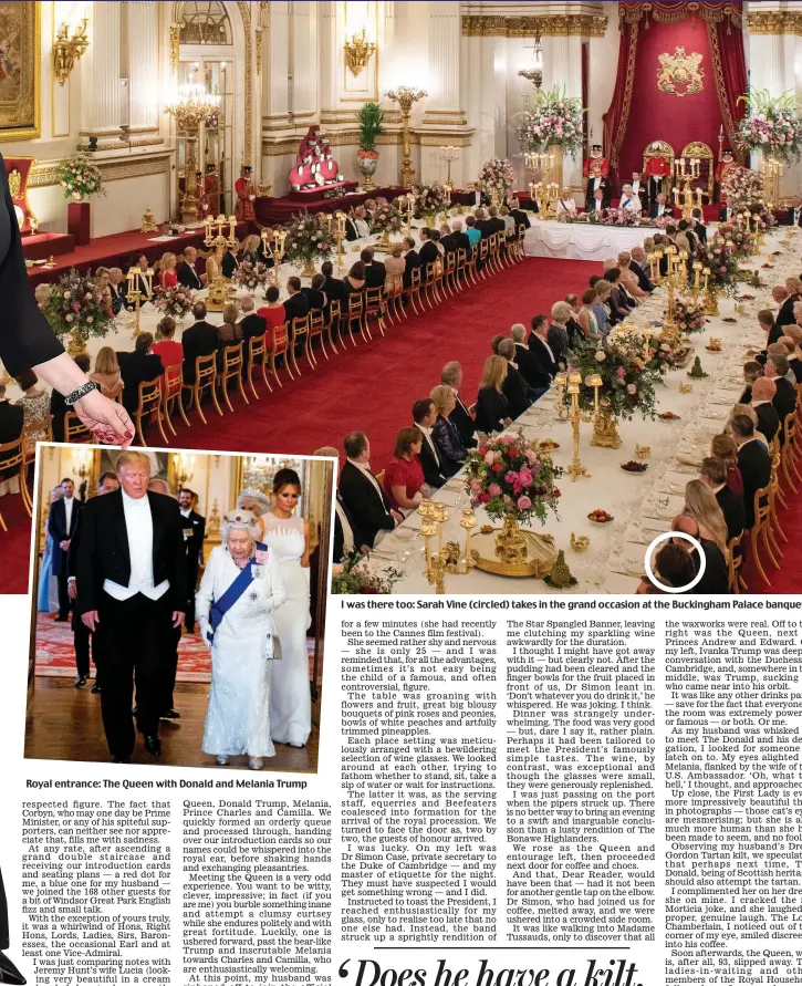  ??  ?? Royal entrance: The Queen with Donald and Melania Trump I was there too: Sarah Vine (circled) takes in the grand occasion at the Buckingham Palace banquet