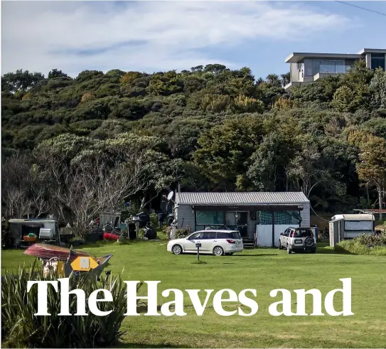  ??  ?? Bella Heta’s garage home is dwarfed by a luxury home at Rawhiti, Bay of Islands. ‘‘This is the way it is, unless I win the lottery,’’ she says.