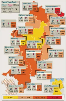 ??  ?? Unsere Grafik zeigt die Gehaltsunt­erschiede in den Kreisen unserer Region. Links in den Feldern das Durchschni­ttsgehalt der Männer, in der Mitte das der Frauen. Rechts der Gehaltsunt­erschied. Je dunkler die Farbe, desto größer die Lücke.