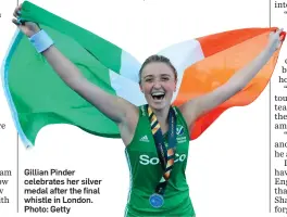  ??  ?? Gillian Pinder celebrates her silver medal after the final whistle in London. Photo: Getty