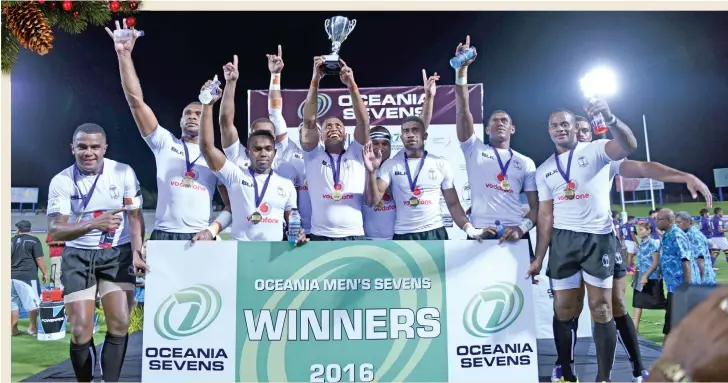  ??  ?? PICTURED: The Vodafone Fijian 7s team celebrate their win last night at the ANZ Stadium in Suva after beating Samoa 28-19.