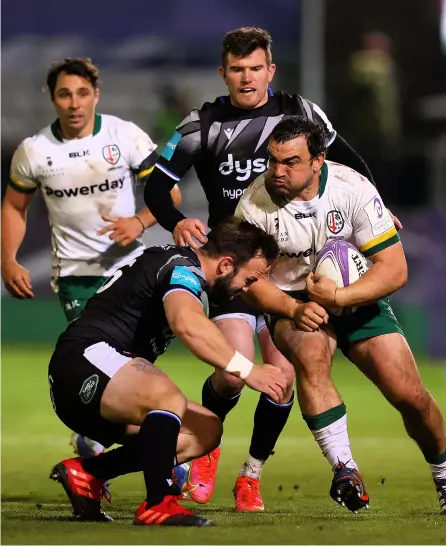  ?? Pic: Michael Steele/getty ?? Agustin Creevy of London Irish is tackled by Jacques du Toit of Bath during the European Rugby Challenge Cup match at the Rec on Friday night